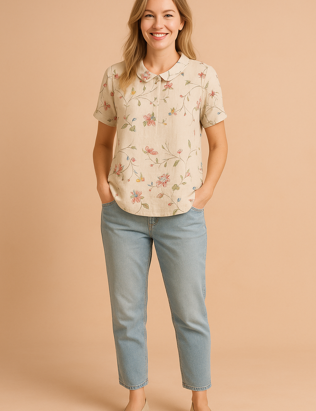 Beige blouse met korte mouwen en subtiel gebloemd borduursel in pastelkleuren, uitgevoerd in linnenstructuur en voorzien van een afgeronde kraag.
