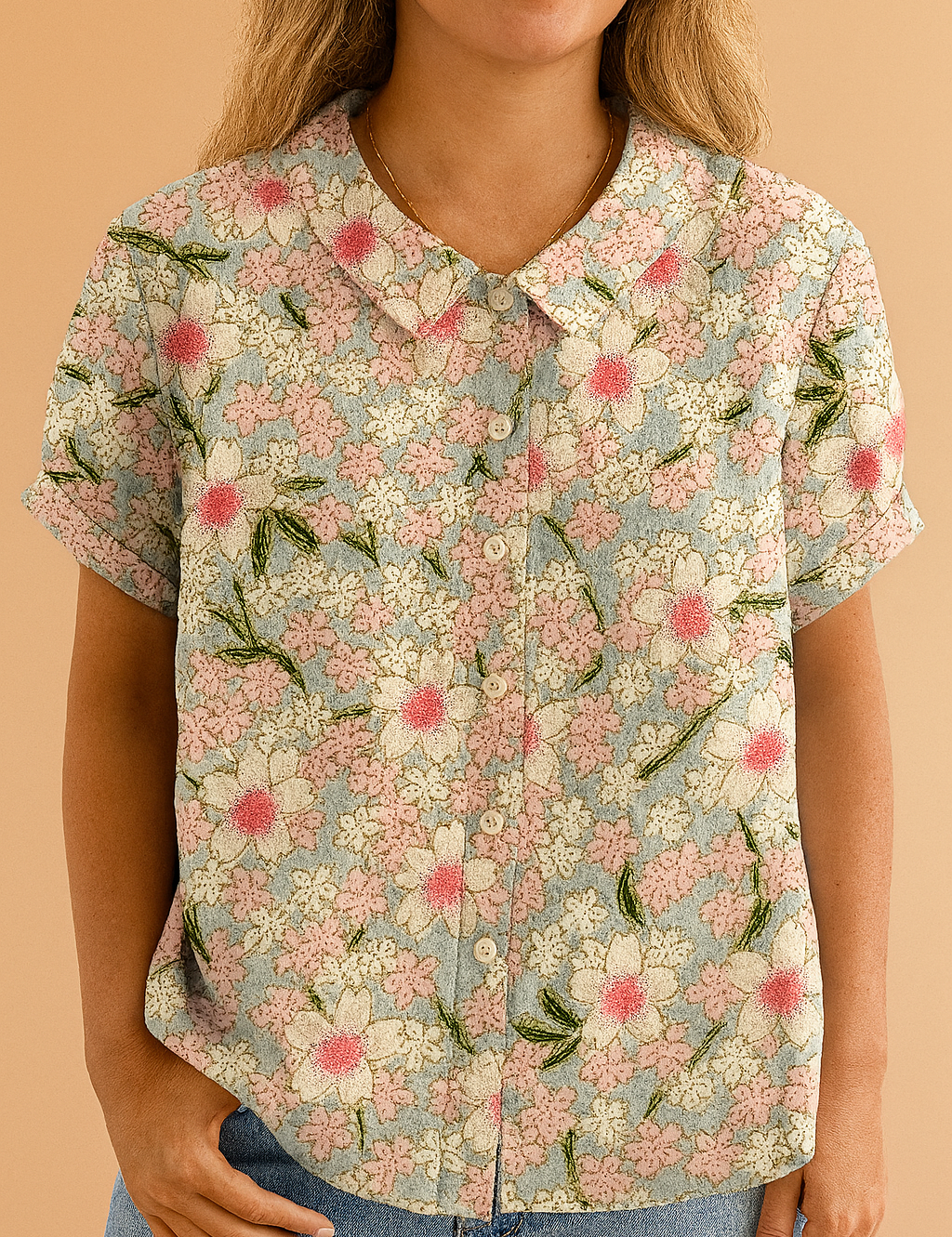 Korte mouwen blouse in zachte denimkleur met all-over print van roze en witte bloemen met groene bladeren, afgewerkt met een klassieke kraag.