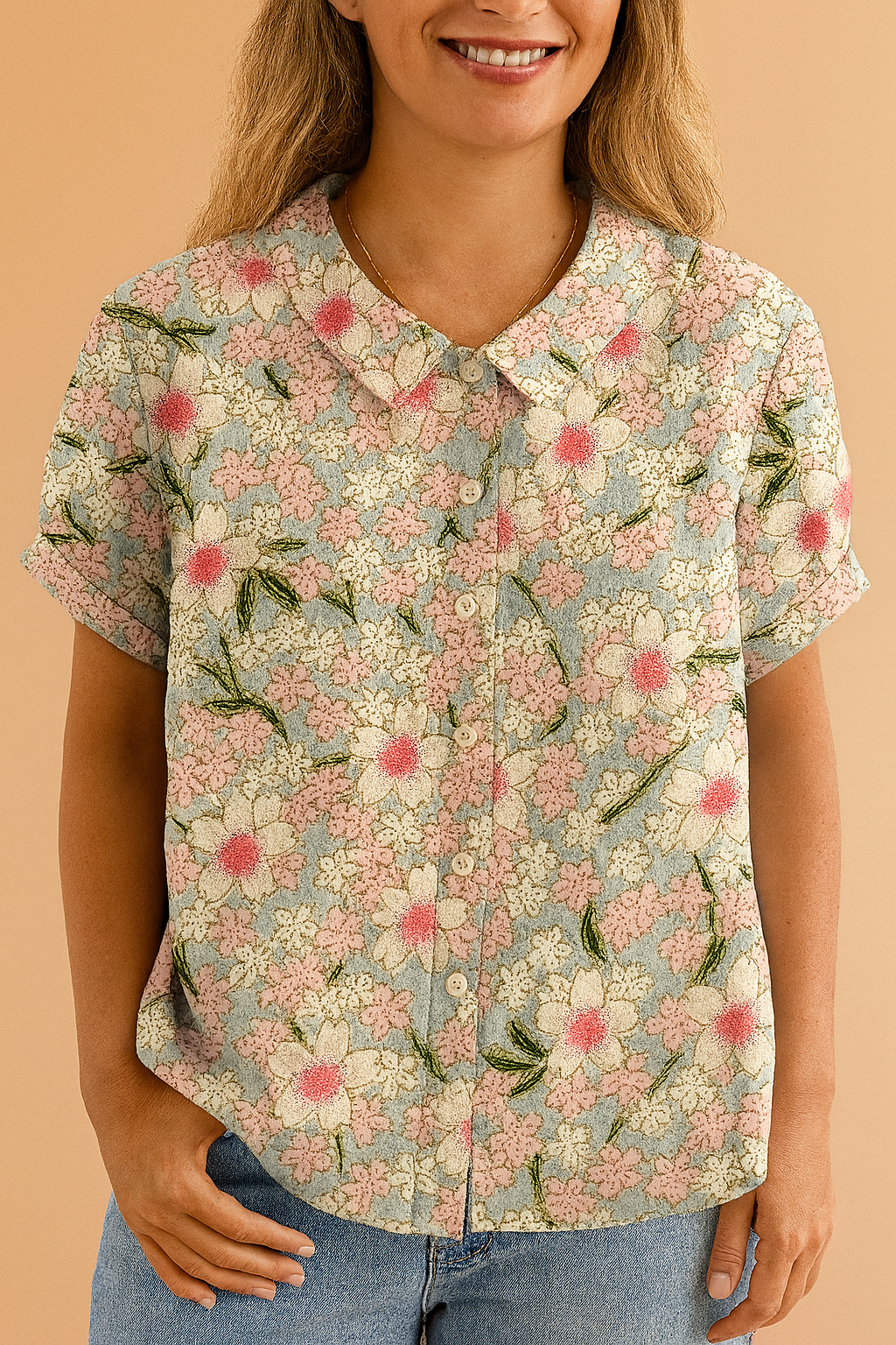 Korte mouwen blouse in zachte denimkleur met all-over print van roze en witte bloemen met groene bladeren, afgewerkt met een klassieke kraag.
