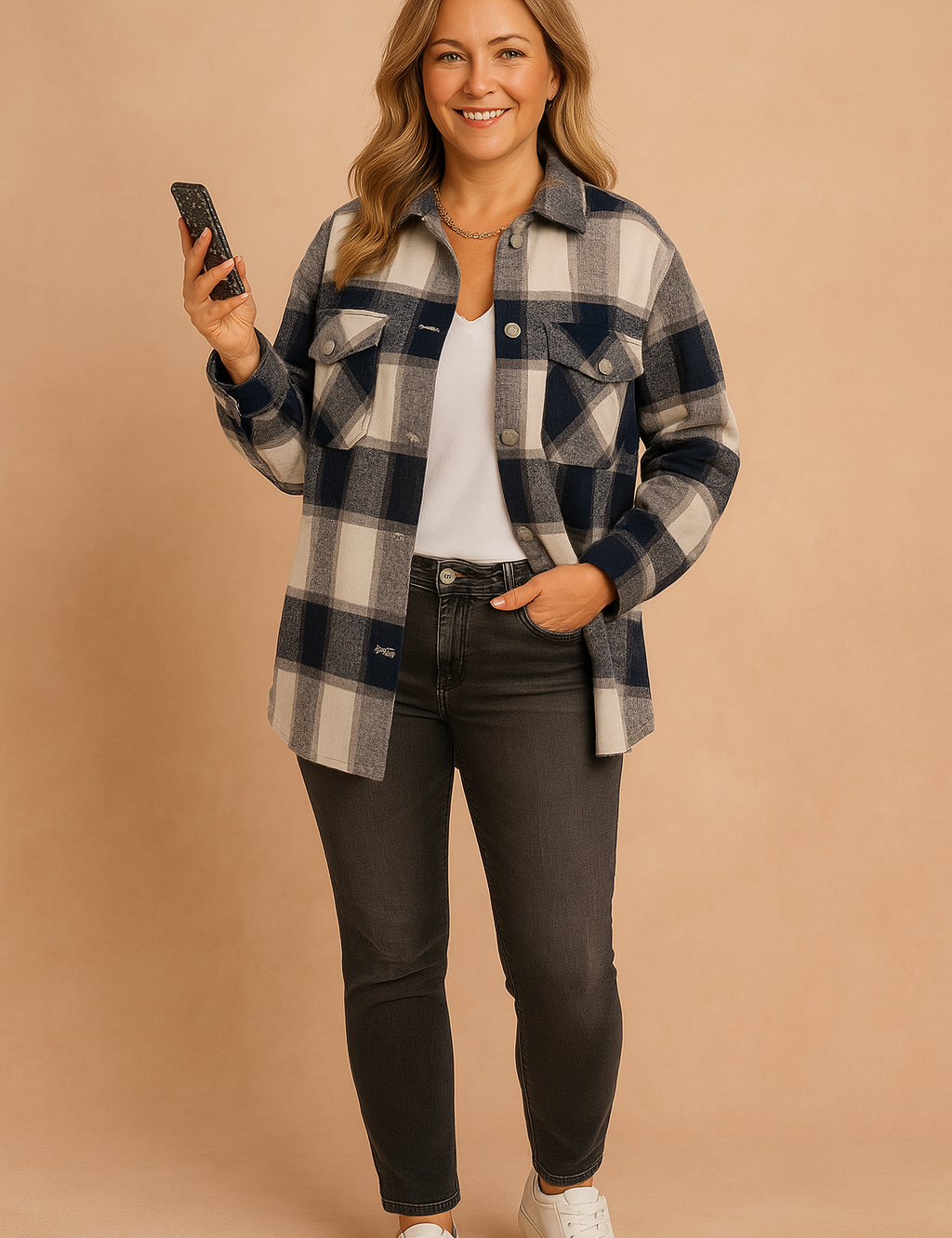 Dames flanellen overhemd met donkerblauw-witte blokruit, borstzakken en knopen, gedragen op zwarte jeans.