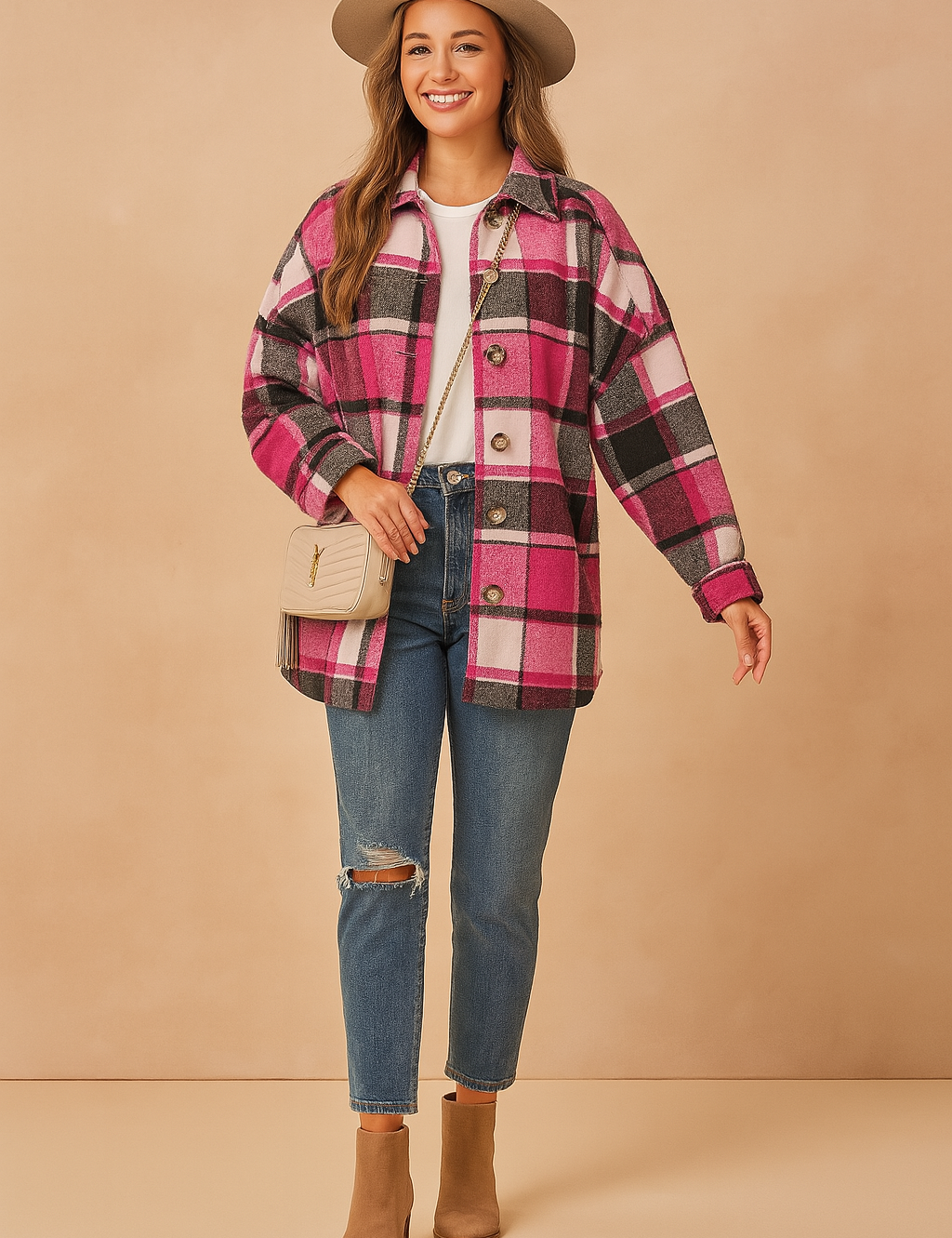 Lang flanellen overhemd met felroze, witte en zwarte ruiten, knoopsluiting en rechte zoom, casual gedragen met witte top.