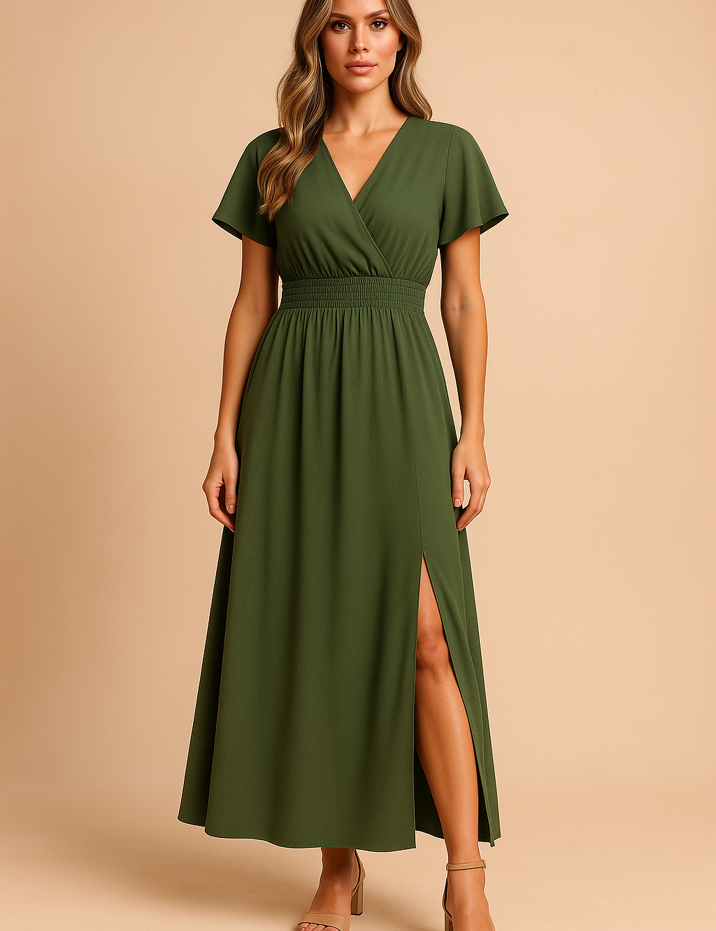 Lange groene wikkeljurk met korte mouwen, elastische taille en elegante split aan de voorkant.