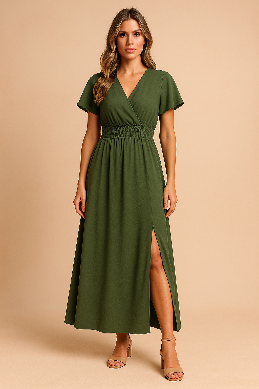 Lange groene wikkeljurk met korte mouwen, elastische taille en elegante split aan de voorkant.
