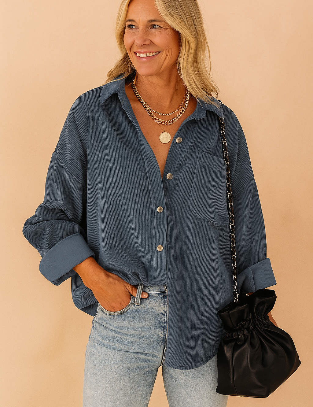 Oversized blauwe ribfluwelen blouse met zichtbare knopen en opgestikte borstzak, gemaakt van zacht geribbeld katoen voor een comfortabele en trendy look.