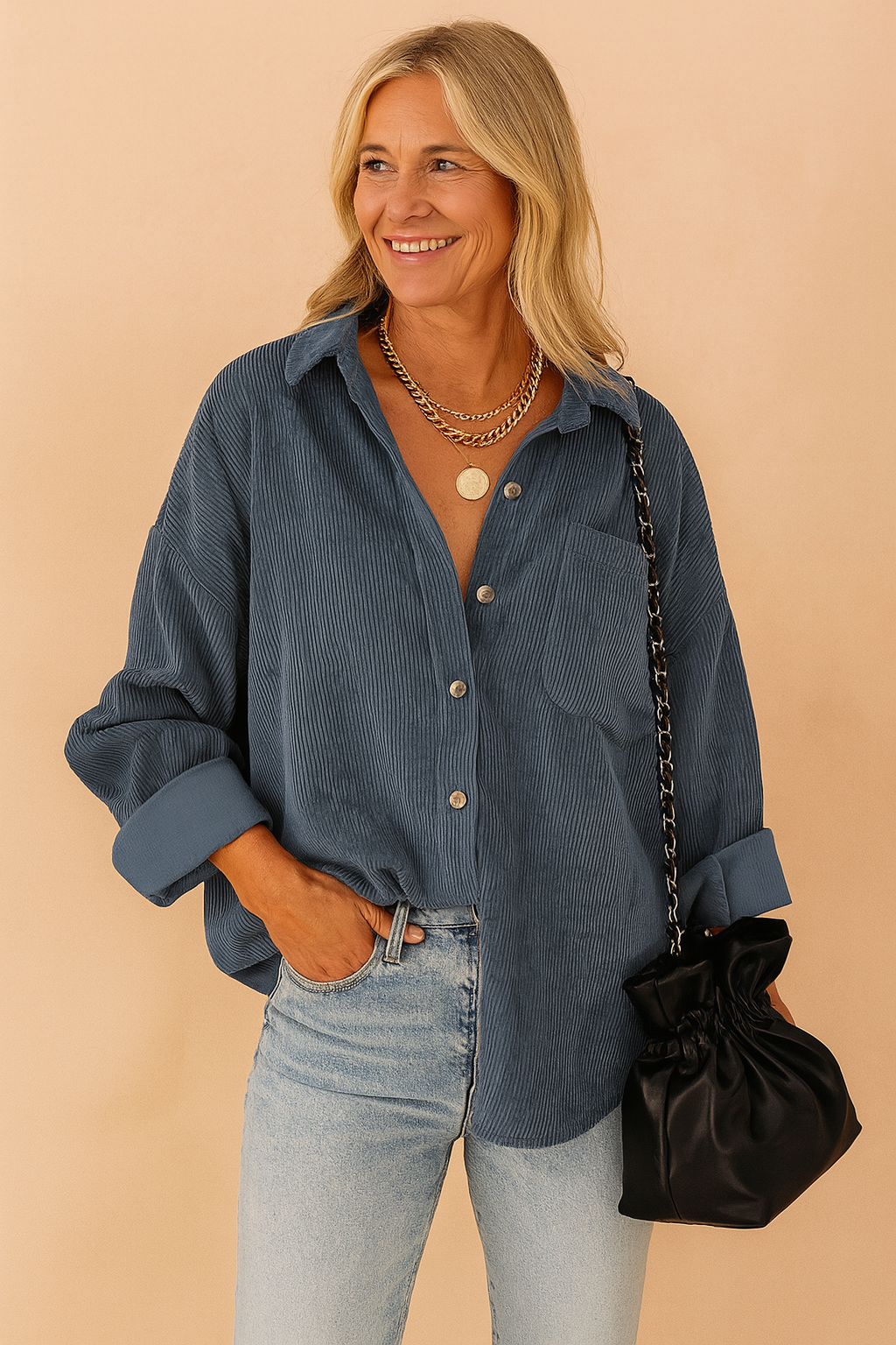 Oversized blauwe ribfluwelen blouse met zichtbare knopen en opgestikte borstzak, gemaakt van zacht geribbeld katoen voor een comfortabele en trendy look.