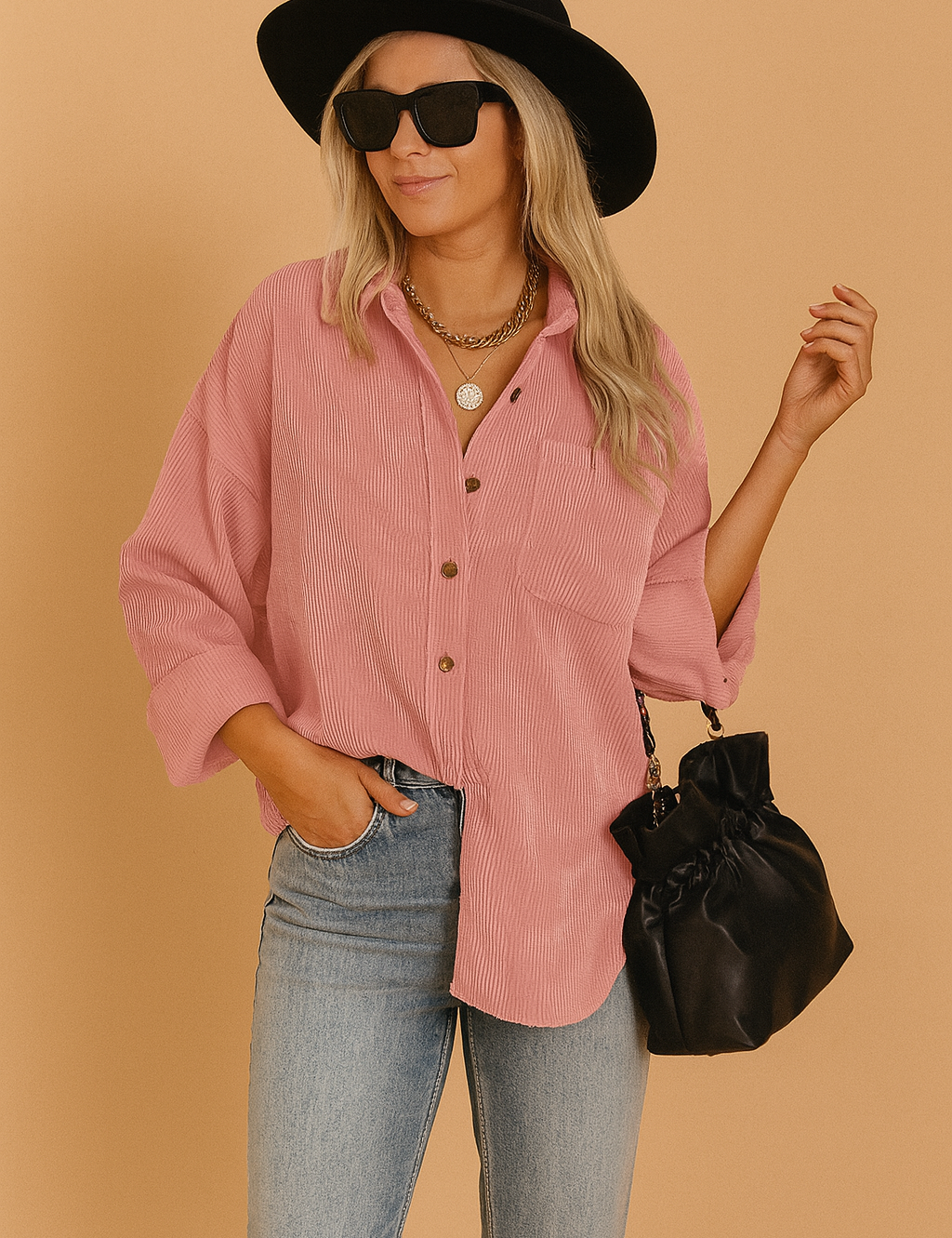 Losvallende roze corduroy blouse met knoopsluiting en borstzak, uitgevoerd in fijne verticale ribstof voor een zachte, casual uitstraling.