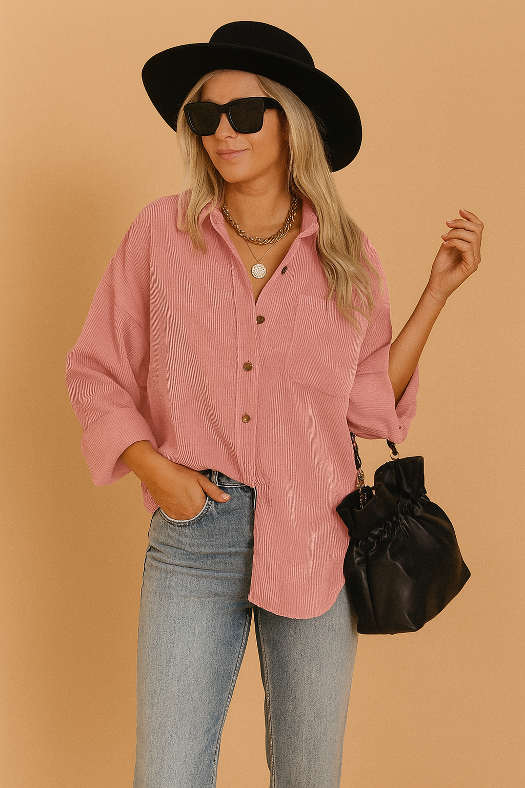 Losvallende roze corduroy blouse met knoopsluiting en borstzak, uitgevoerd in fijne verticale ribstof voor een zachte, casual uitstraling.