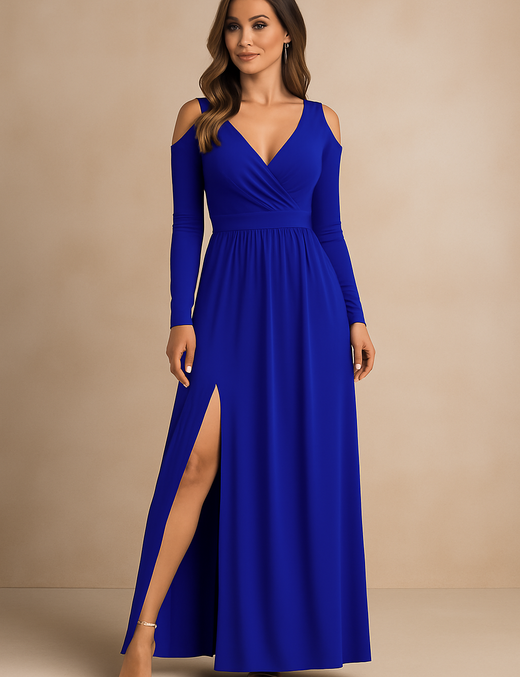 Koningsblauwe galajurk met cold-shoulder details, lange mouwen en diepe split