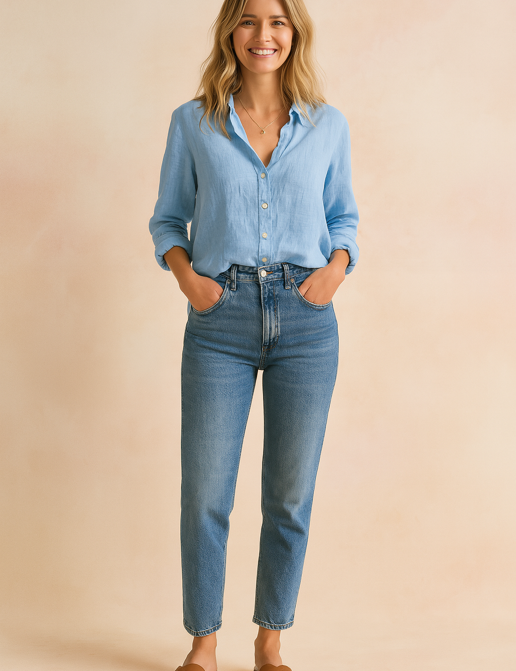 Lichtblauwe linnen blouse met lange mouwen en knoopsluiting, gemaakt van effen luchtig linnen met een rechte pasvorm en borstzakje.