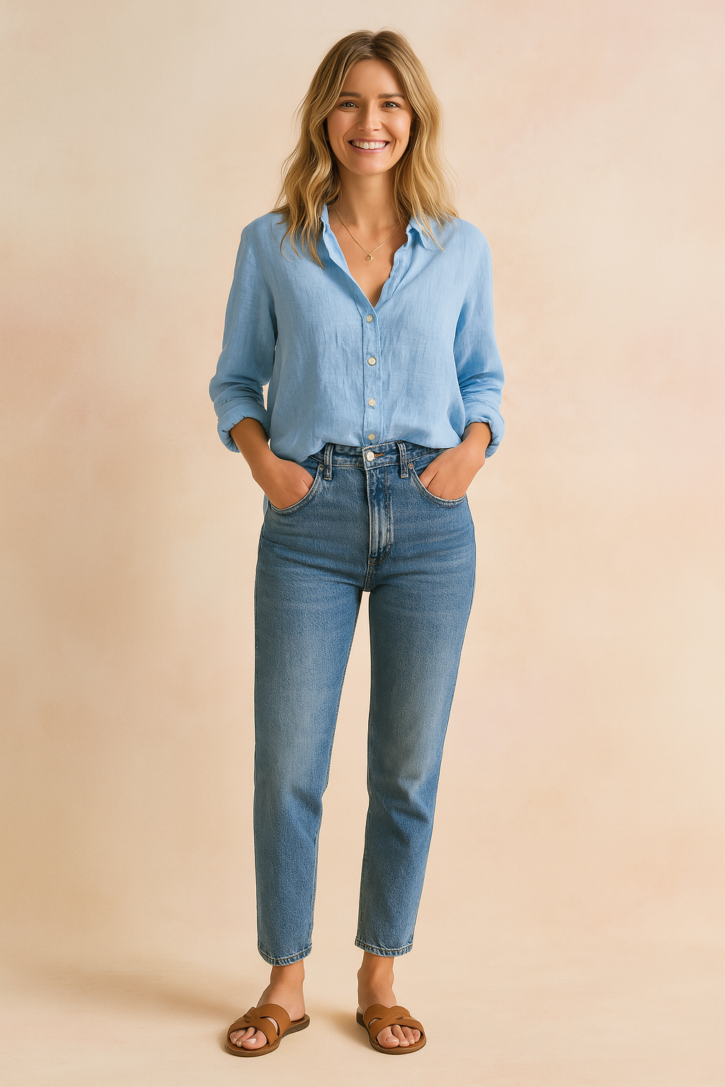 Lichtblauwe linnen blouse met lange mouwen en knoopsluiting, gemaakt van effen luchtig linnen met een rechte pasvorm en borstzakje.