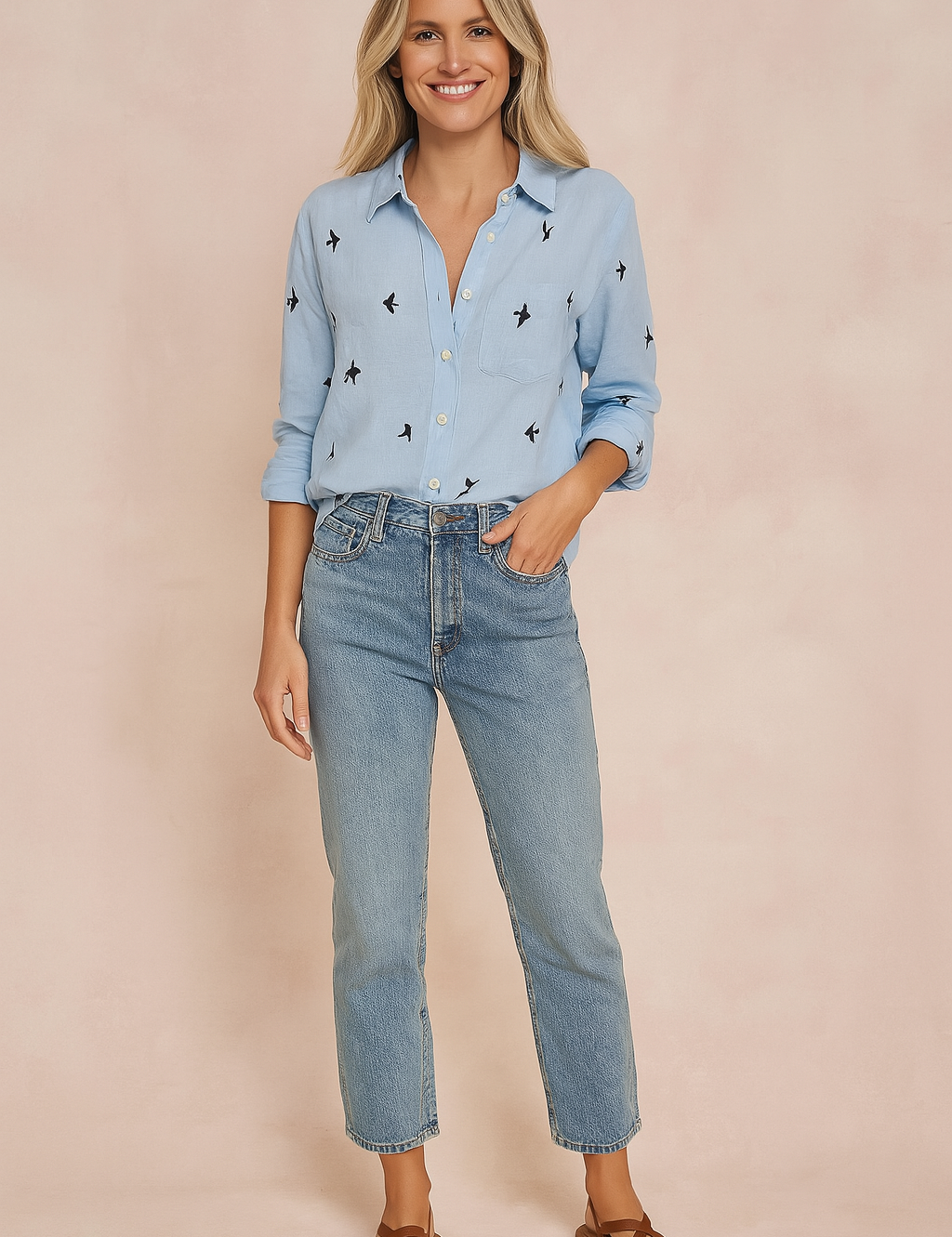 Lichtblauwe blouse met zwarte zwaluwprint en opgerolde mouwen van luchtig linnen, perfect voor een casual look met een denim broek.
