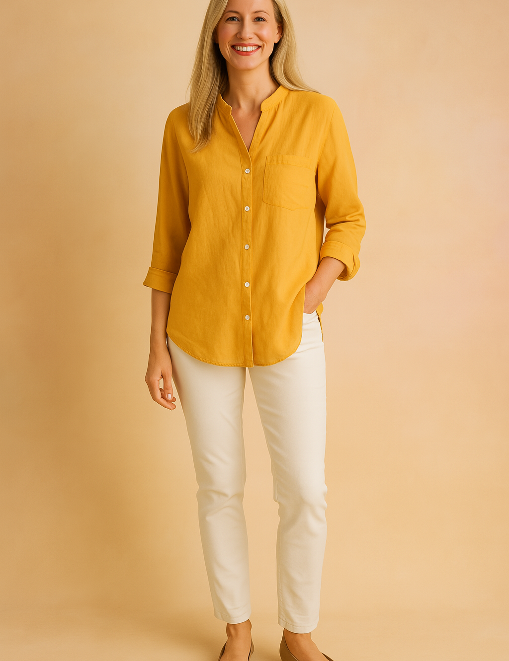 Mosterdgele linnen blouse met knoopsluiting, rechte pasvorm en opgerolde mouwen, ideaal voor een zonnige lente-outfit.