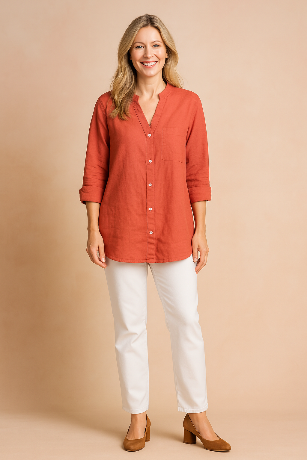 Lange mouwen blouse van linnen in warm oranje met knoopsluiting, borstzak en rechte zoom, ideaal voor casual en zakelijke looks.