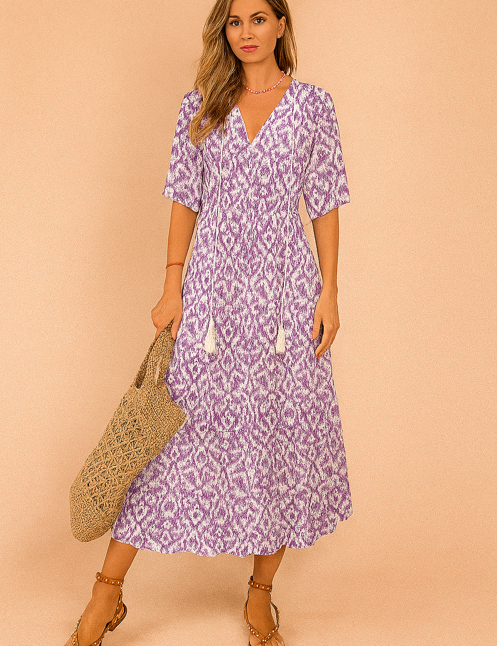 Midi-jurk met paarse en witte ikatprint, V-hals en sierkoord met franjes, zomerse stijl