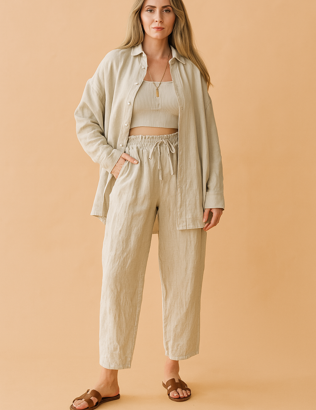 Beige dames co-ord set met losvallend overhemd, bijpassende elastische broek en cropped top in ribstof