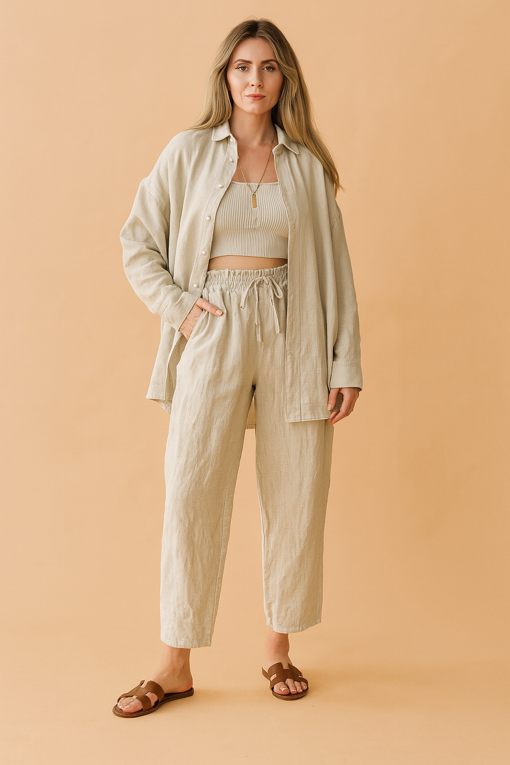 Beige dames co-ord set met losvallend overhemd, bijpassende elastische broek en cropped top in ribstof