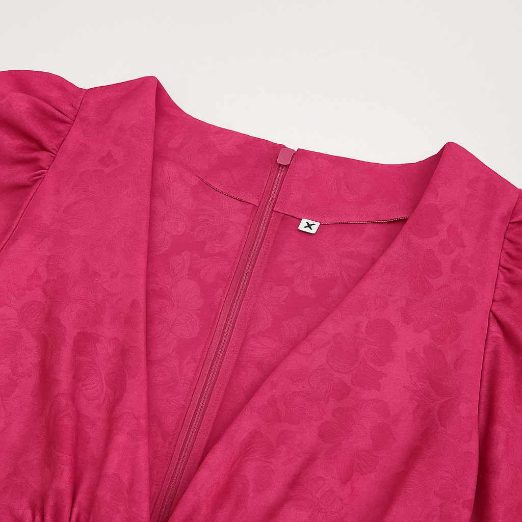 Mini-jurk met diepe V-hals en pofmouwen in fuchsia satijnlook, met A-lijn rok en tailleband.