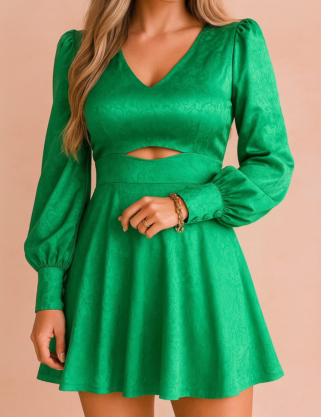 Groene mini-jurk met lange pofmouwen, V-hals en uitsnijding onder de buste, afgewerkt met lichte glans.