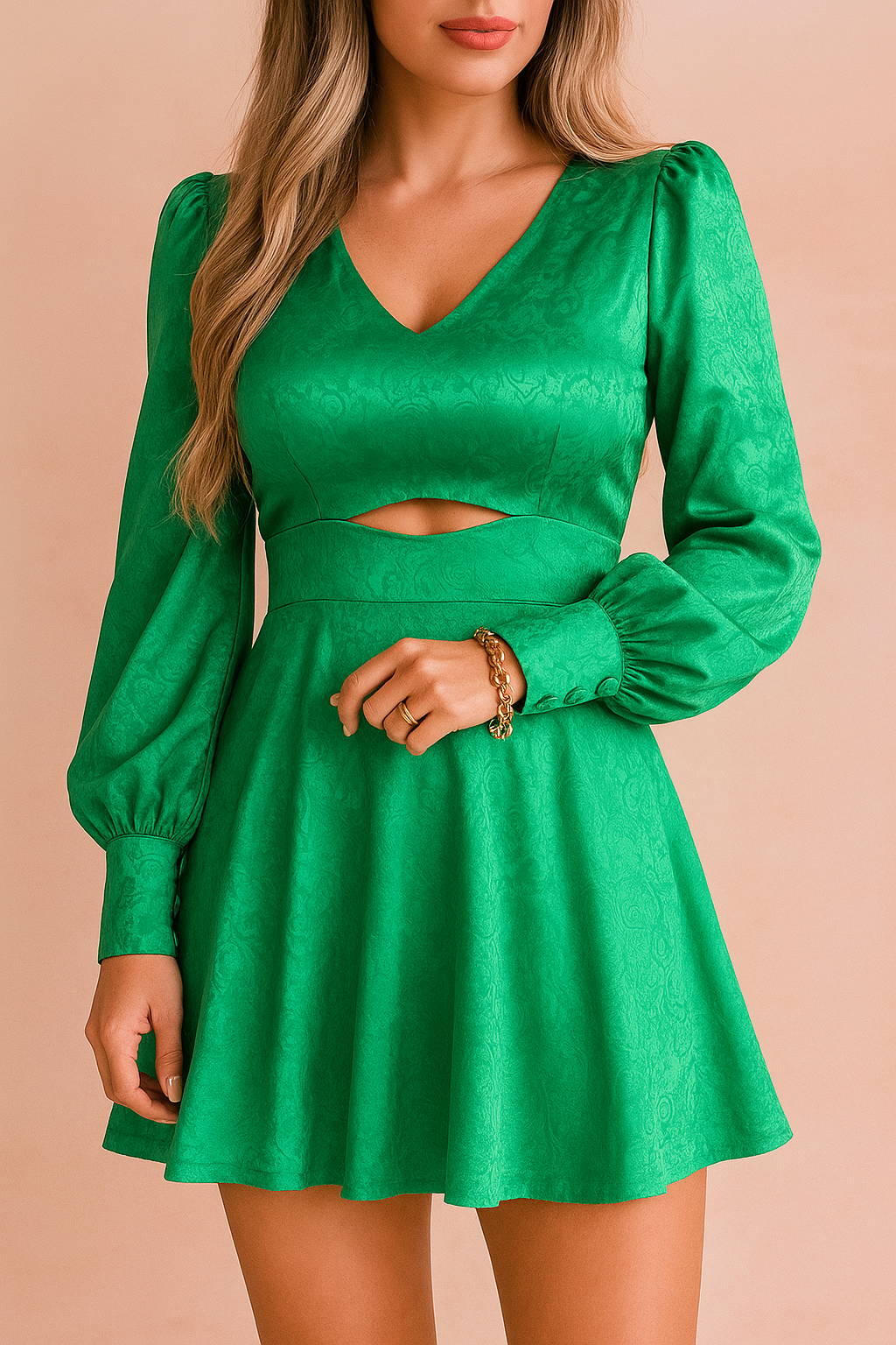 Groene mini-jurk met lange pofmouwen, V-hals en uitsnijding onder de buste, afgewerkt met lichte glans.