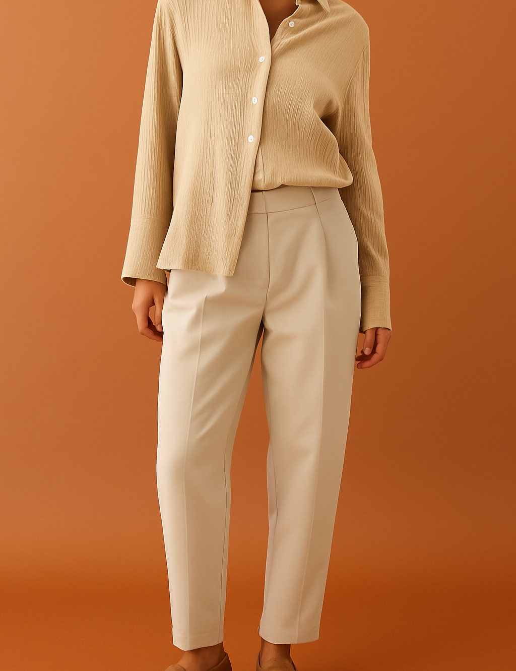 Beige blouse met lange mouwen, knoopsluiting en lichte kreukstructuur, uitgevoerd