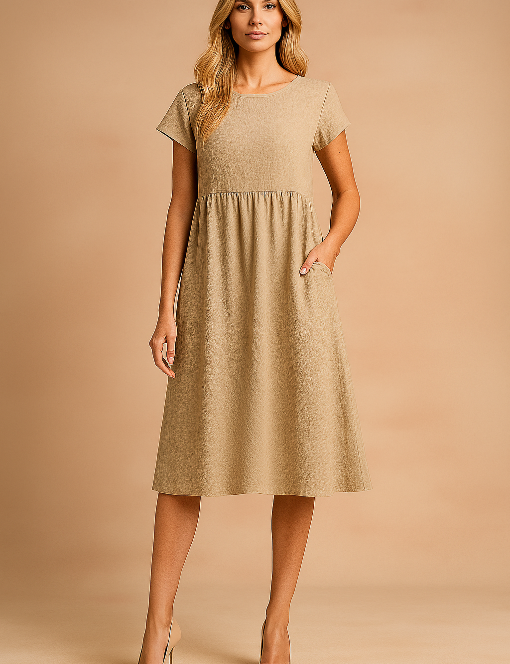 Beige midi zomerjurk met korte mouwen, hoge taille en steekzakken voor casual comfort.