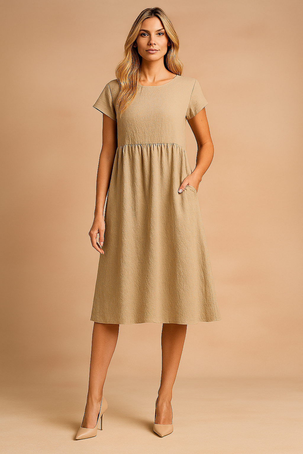 Beige midi zomerjurk met korte mouwen, hoge taille en steekzakken voor casual comfort.