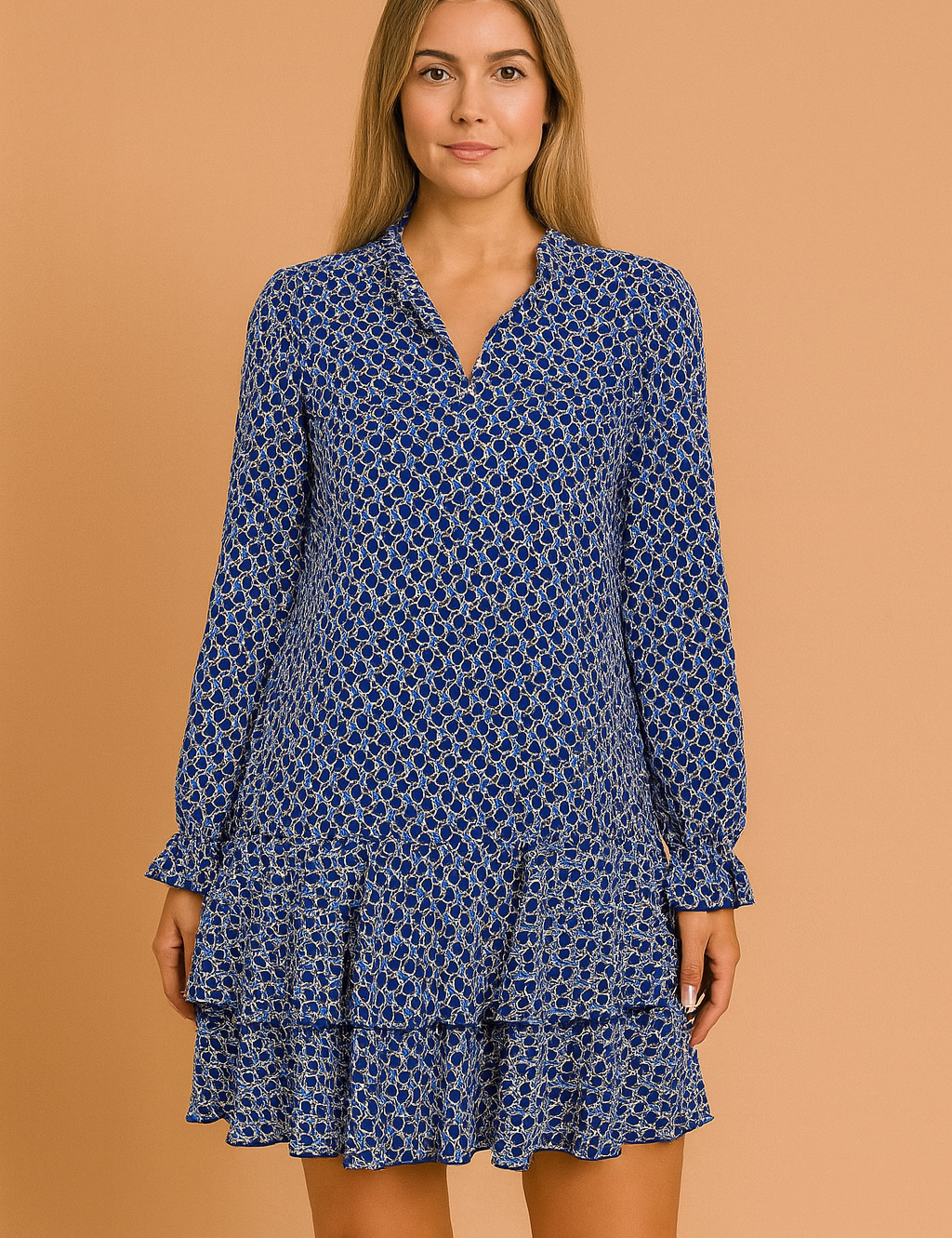 Mini-jurk met lange mouwen en blauwe retroprint, V-hals en dubbele volantrok