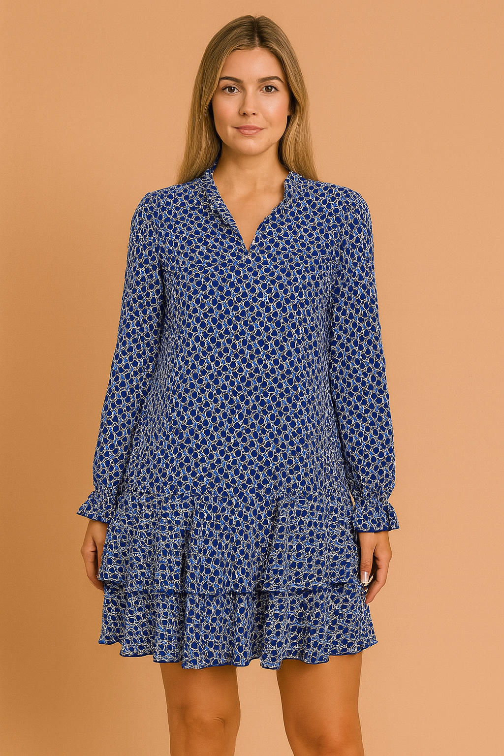 Mini-jurk met lange mouwen en blauwe retroprint, V-hals en dubbele volantrok