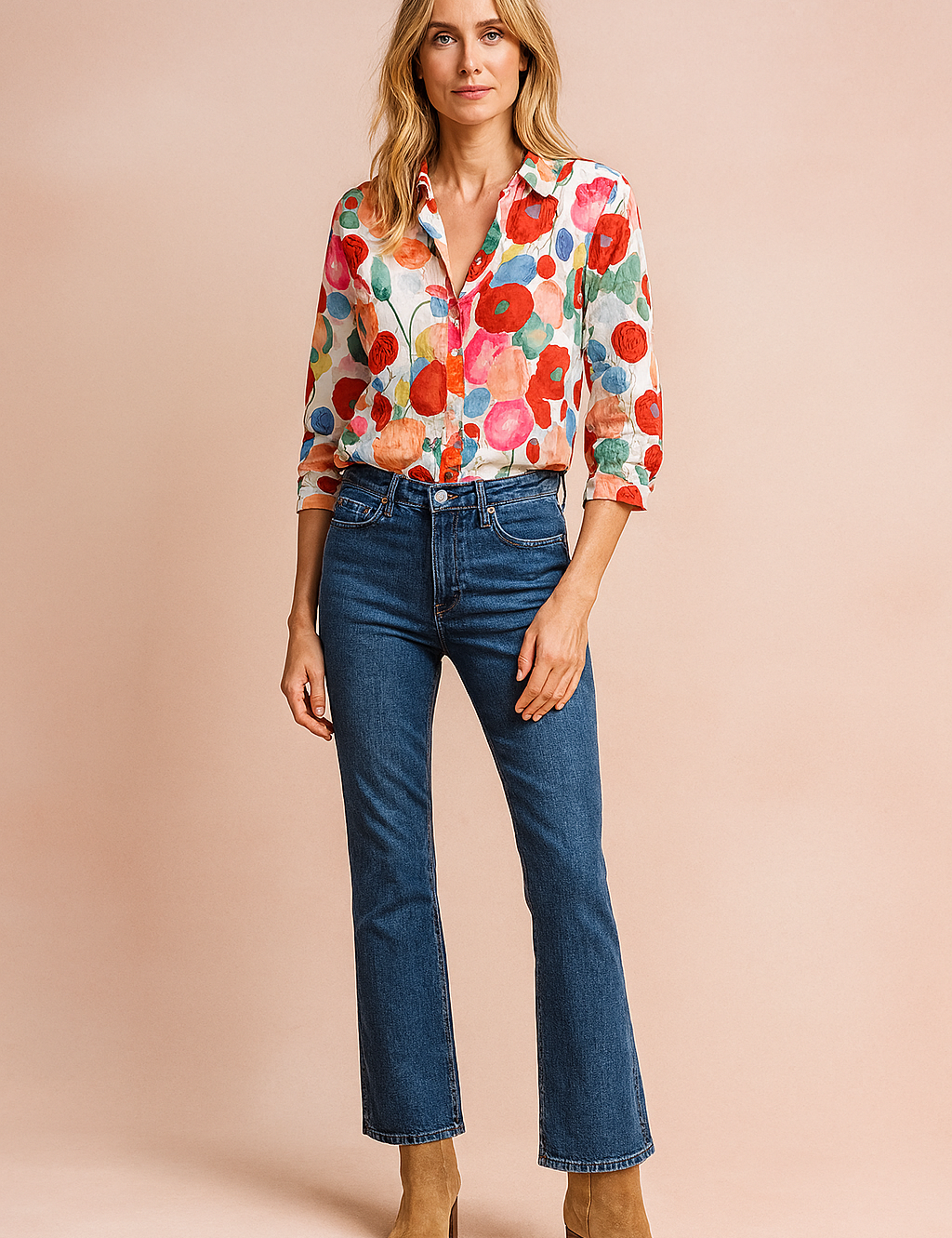 Blouse met kleurrijke stippenprint, kraag en knoopsluiting, driekwartsmouwen en een luchtige pasvorm, perfect voor een speelse voorjaarslook.