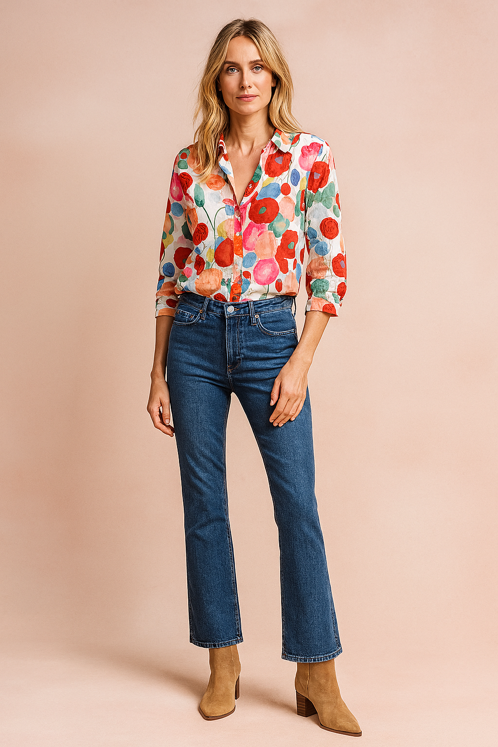 Blouse met kleurrijke stippenprint, kraag en knoopsluiting, driekwartsmouwen en een luchtige pasvorm, perfect voor een speelse voorjaarslook.
