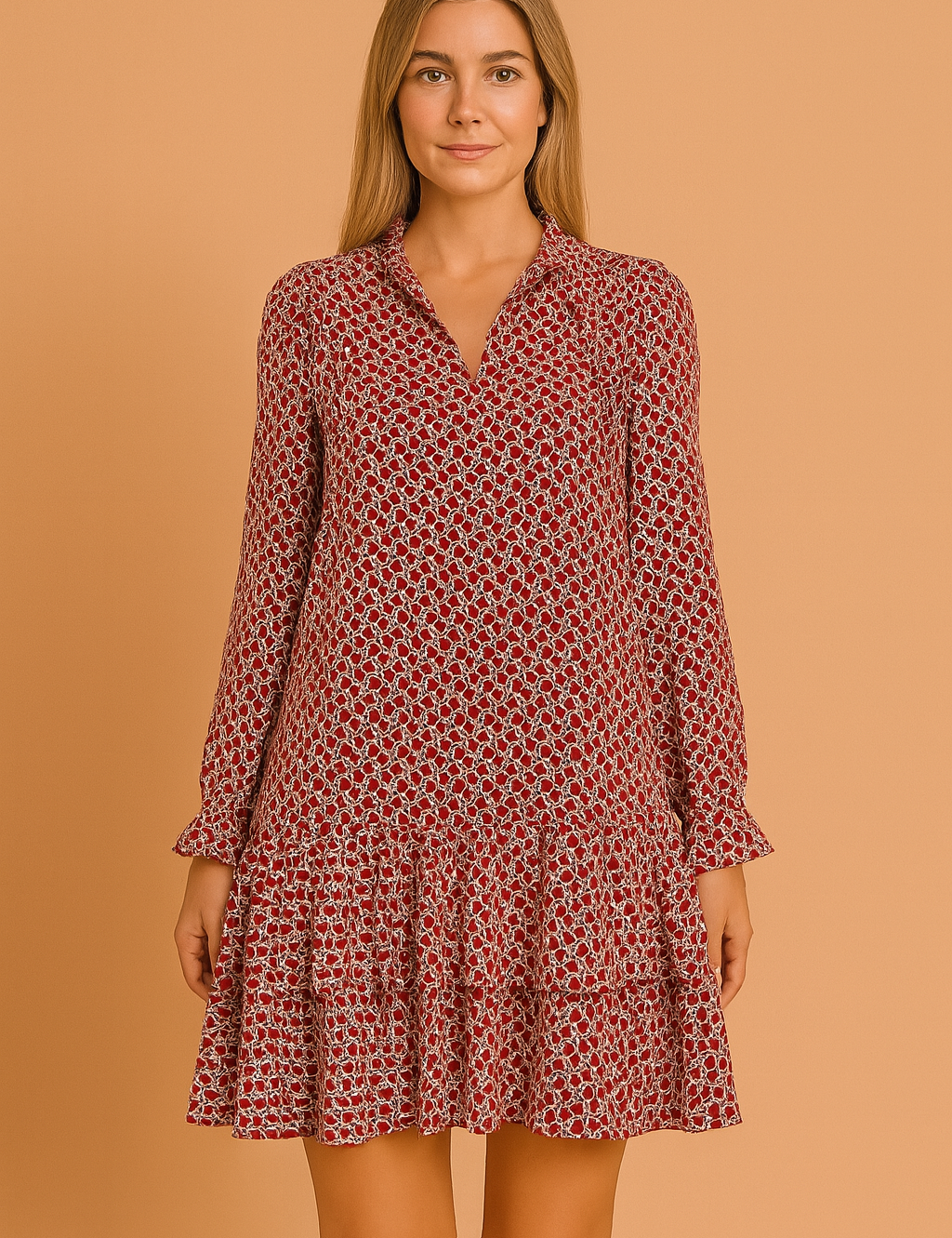 Mini-jurk met lange mouwen en bordeauxrode retroprint, V-hals en dubbele volantrok