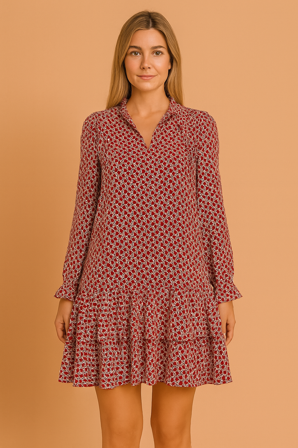 Mini-jurk met lange mouwen en bordeauxrode retroprint, V-hals en dubbele volantrok