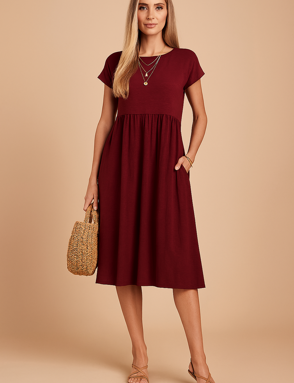 Bordeauxrode casual midi jurk met korte mouwen, hoge taille en praktische zakken.