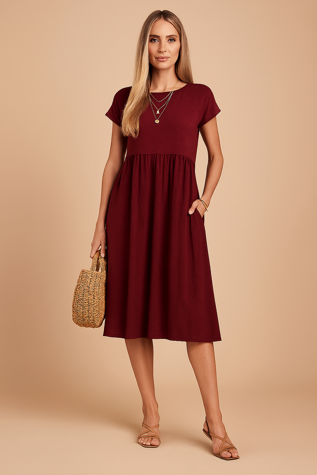Bordeauxrode casual midi jurk met korte mouwen, hoge taille en praktische zakken.