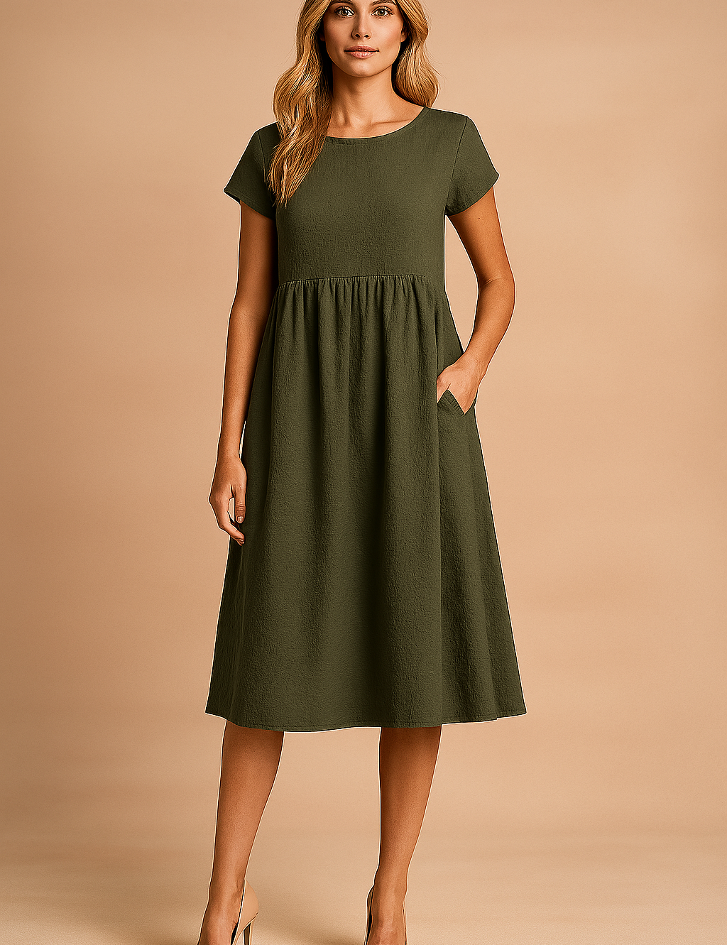 Donkergroene midi jurk met korte mouwen en hoge taille, ideaal voor dagelijks gebruik.
