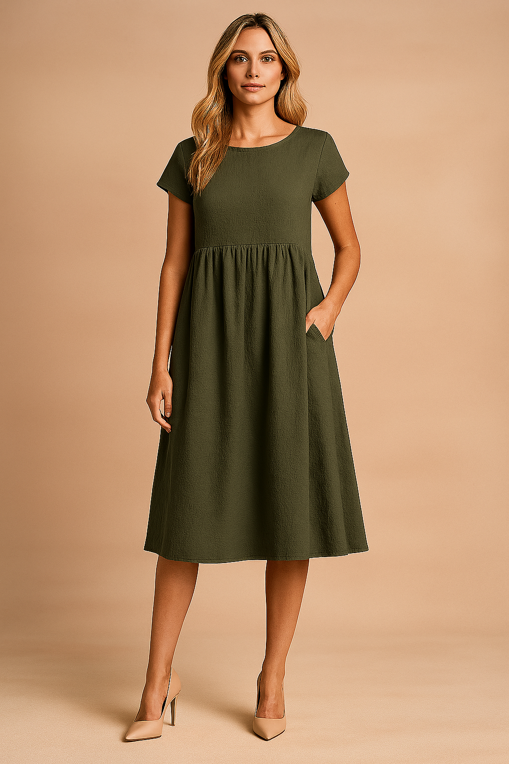 Donkergroene midi jurk met korte mouwen en hoge taille, ideaal voor dagelijks gebruik.