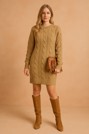 Gebreide camel trui-jurk met kabelpatroon, lange mouwen en rechte pasvorm tot boven de knie.