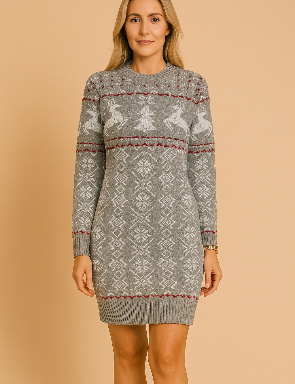 Gebreide kerstjurk in grijs met Scandinavisch motief, rendieren, kerstboomprint en lange mouwen.