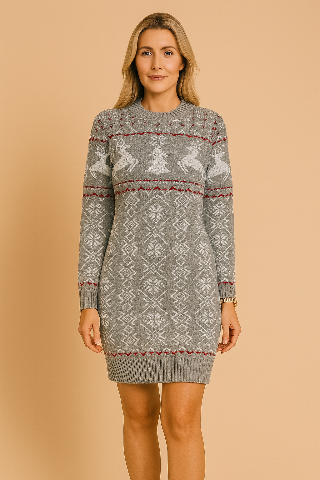 Gebreide kerstjurk in grijs met Scandinavisch motief, rendieren, kerstboomprint en lange mouwen.