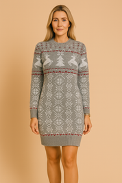 Gebreide kerstjurk in grijs met Scandinavisch motief, rendieren, kerstboomprint en lange mouwen.