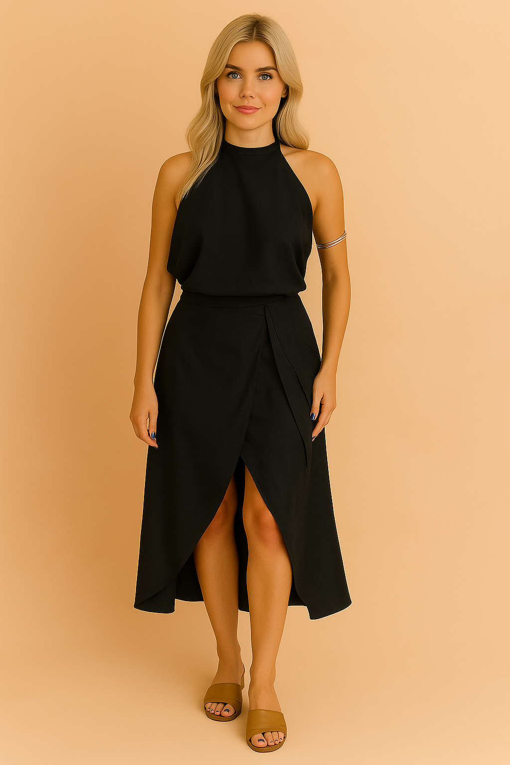 Elegante zwarte halterjurk zonder mouwen met vloeiende top en asymmetrische overslagrok.