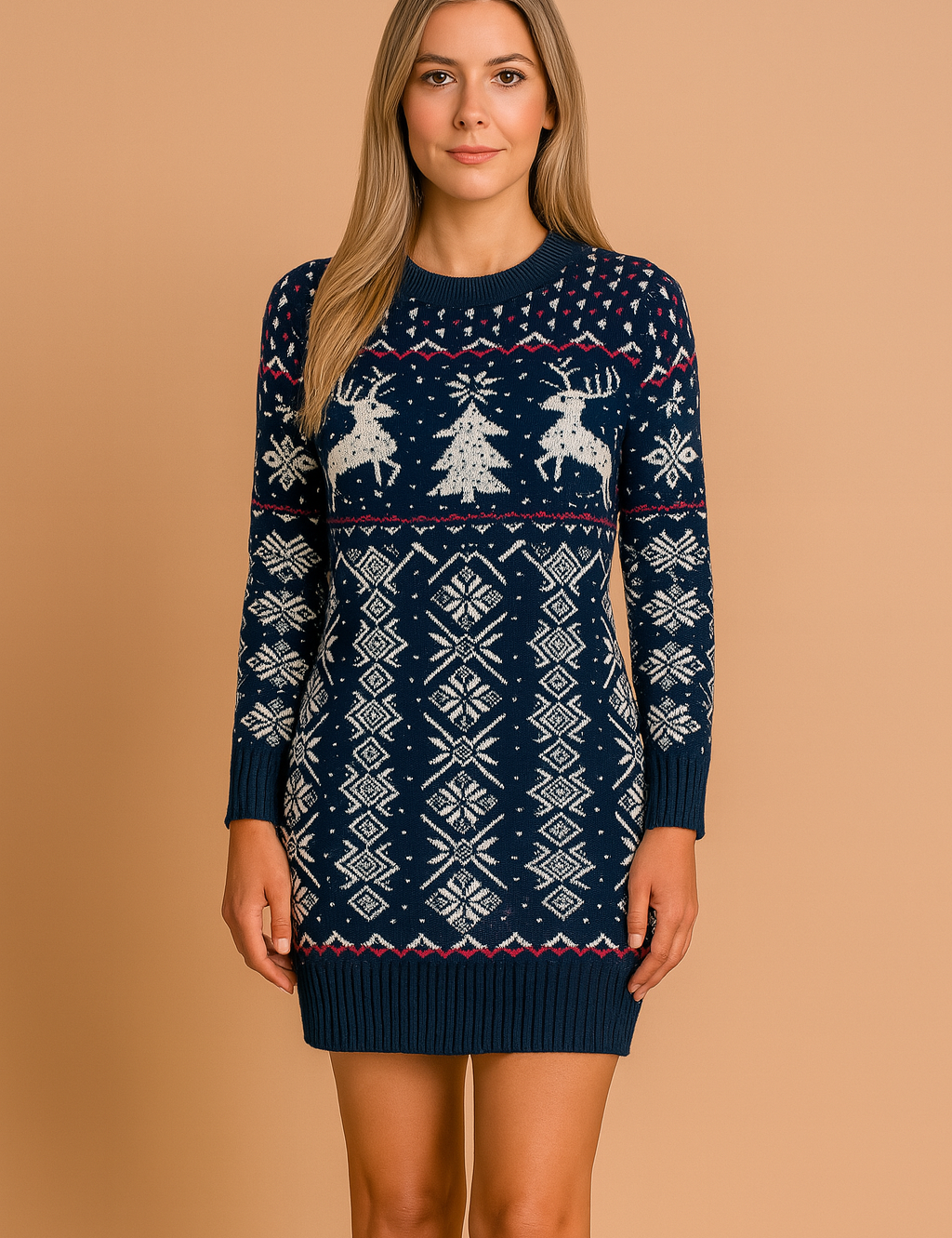 Donkerblauwe gebreide kerstjurk met witte rendieren, kerstbomen en traditioneel jacquardpatroon.