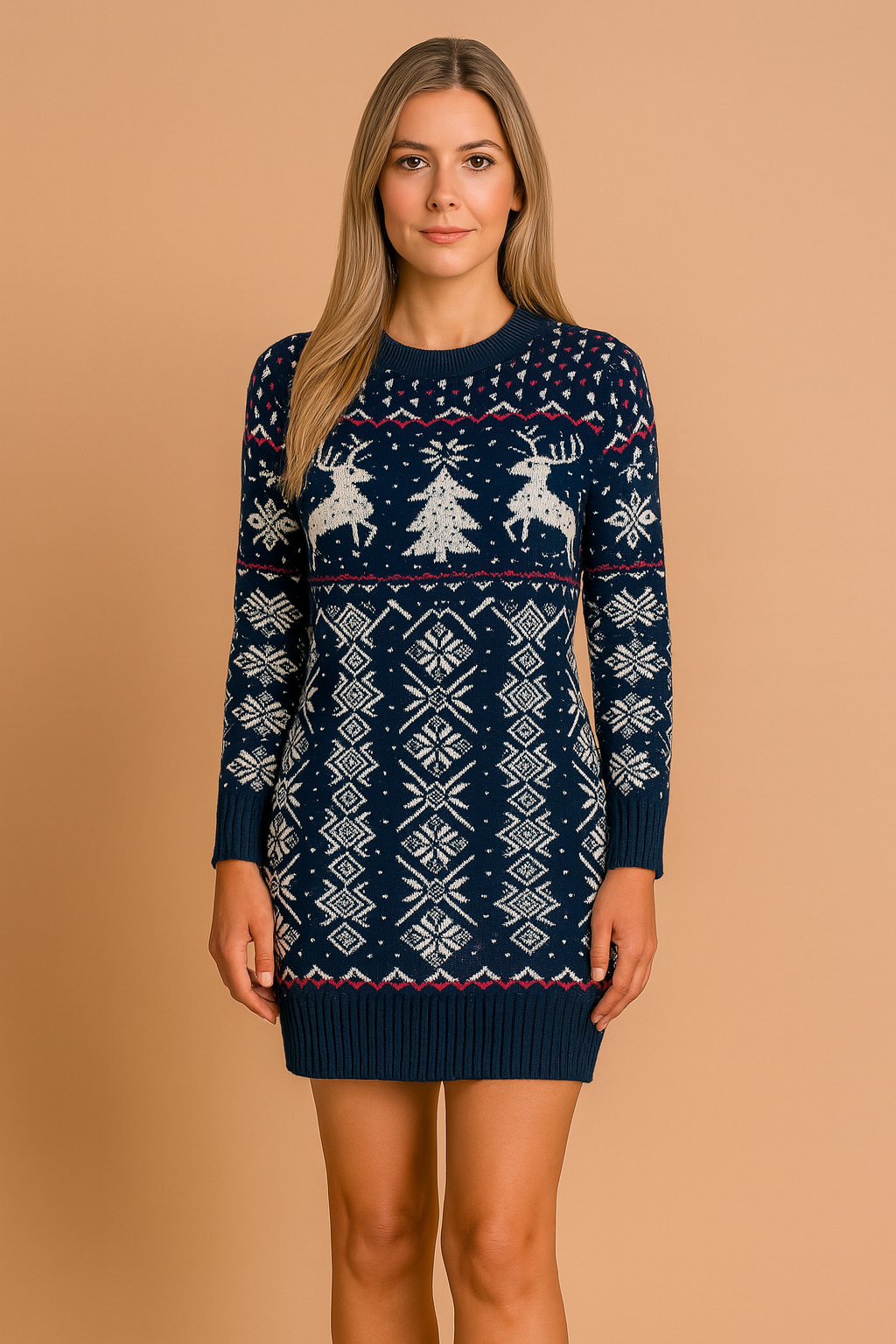 Donkerblauwe gebreide kerstjurk met witte rendieren, kerstbomen en traditioneel jacquardpatroon.