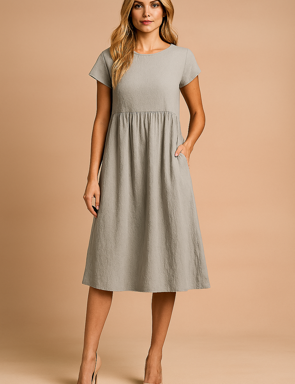 Lichtgrijze midi jurk met korte mouwen en gestructureerde stof, geschikt voor casual looks.