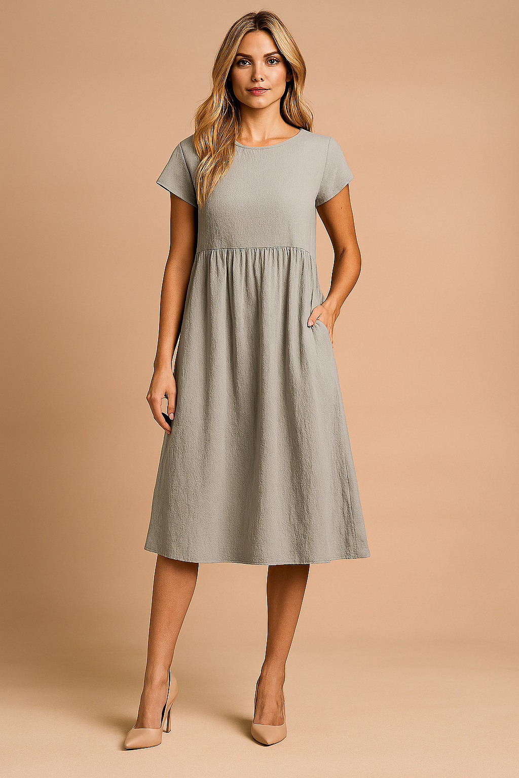 Lichtgrijze midi jurk met korte mouwen en gestructureerde stof, geschikt voor casual looks.