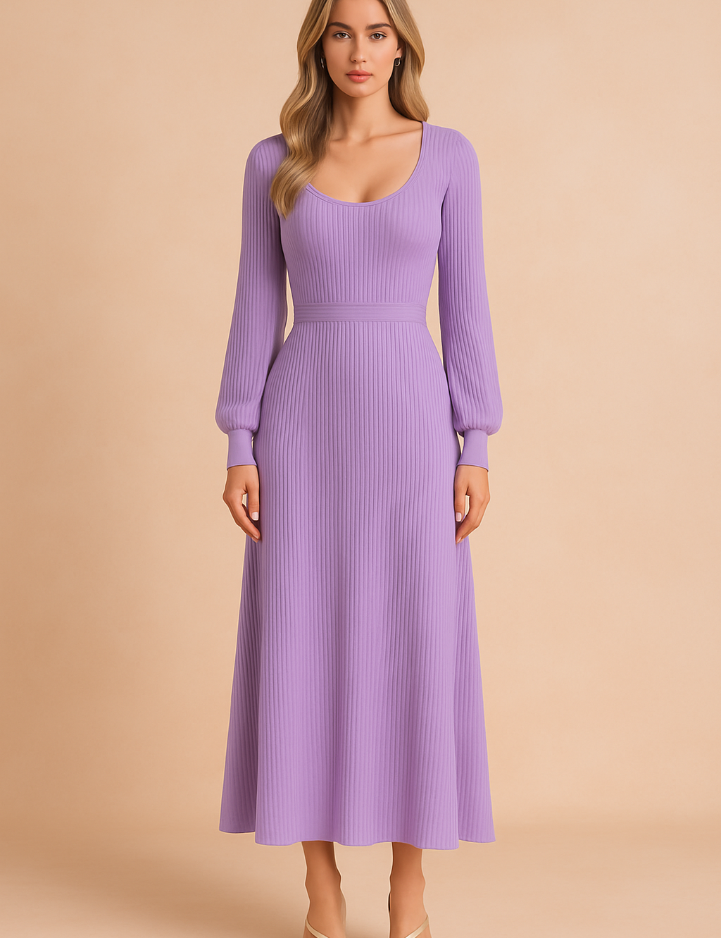 Lila ribgebreide midi jurk met ballonmouwen en diepe ronde hals, aansluitende taille.
