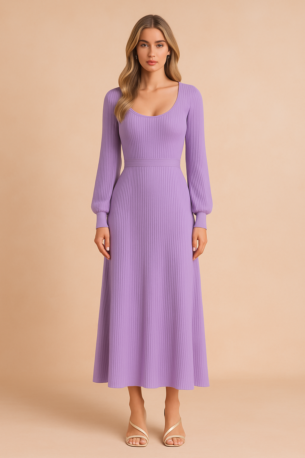 Lila ribgebreide midi jurk met ballonmouwen en diepe ronde hals, aansluitende taille.