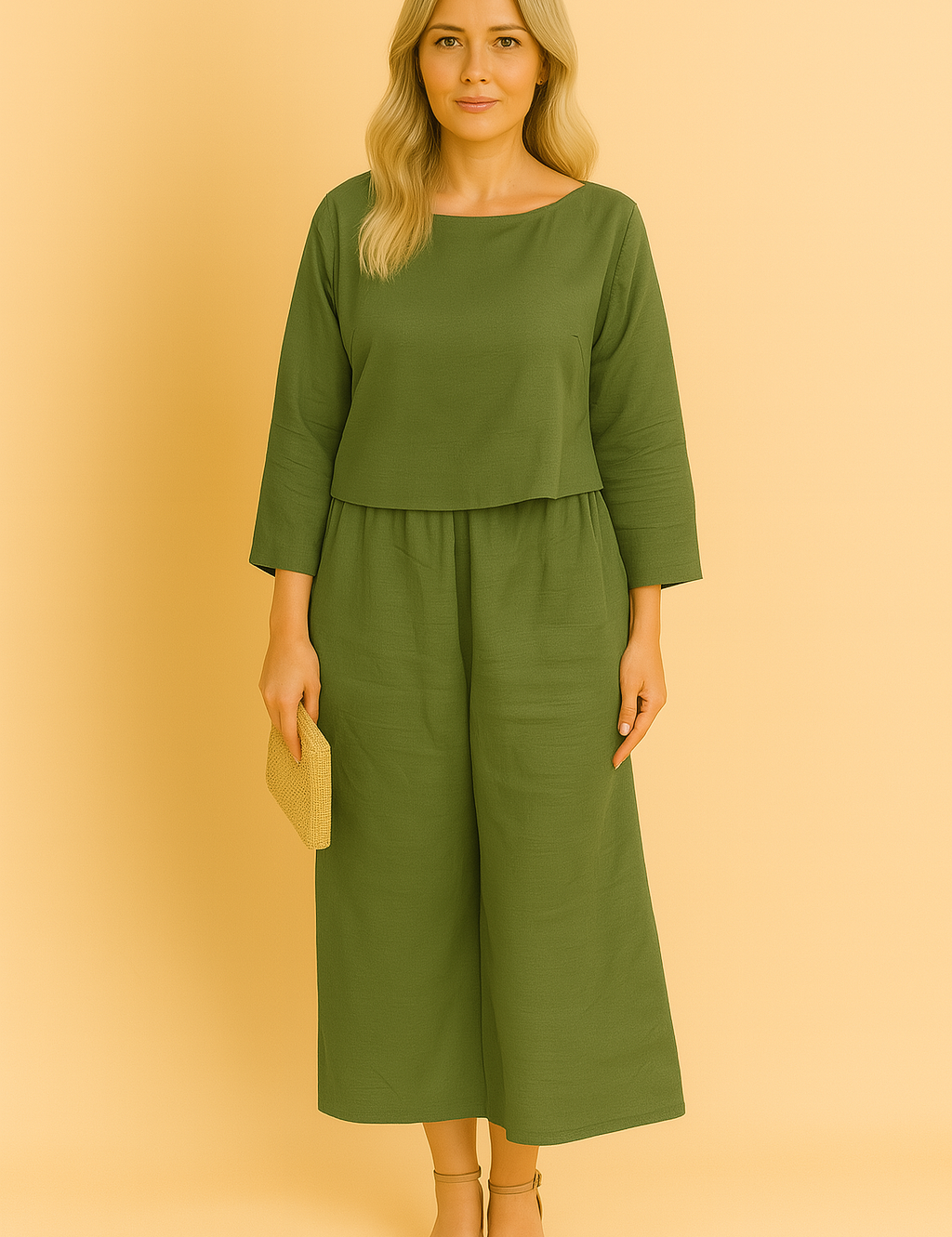 Comfortabele olijfgroene linnen set met rechte top, driekwart mouwen en culotte-broek.