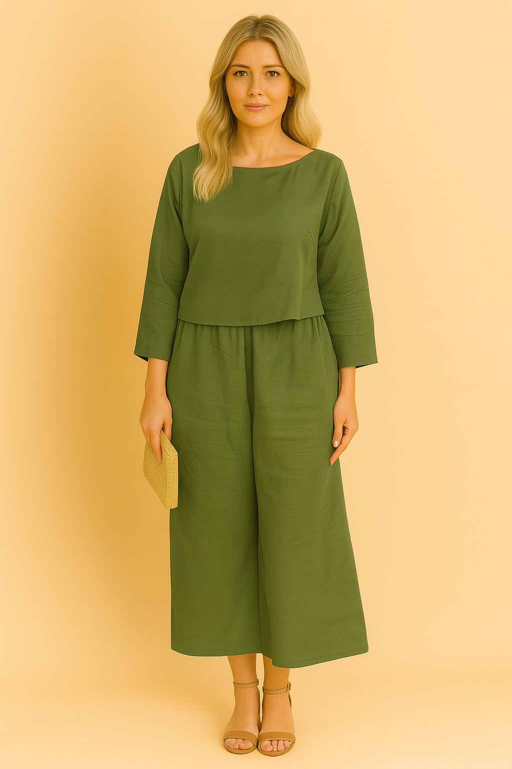 Comfortabele olijfgroene linnen set met rechte top, driekwart mouwen en culotte-broek.