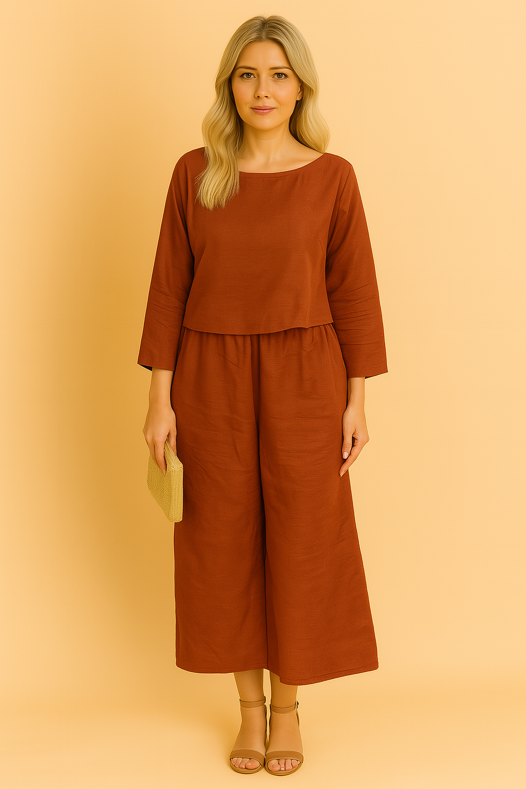 Linnen co-ord set in roestkleur met wijdvallende top met driekwart mouwen en cropped broek.